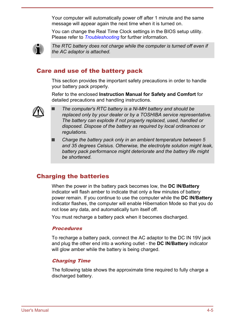 Care and use of the battery pack, Charging the batteries | Toshiba Satellite U840T User Manual | Page 46 / 108