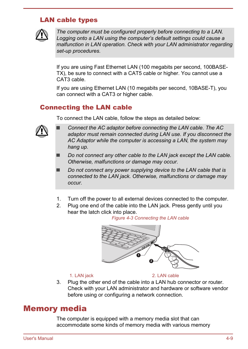 Lan cable types, Connecting the lan cable, Memory media | Memory media -9 | Toshiba Satellite U840T User Manual | Page 50 / 108