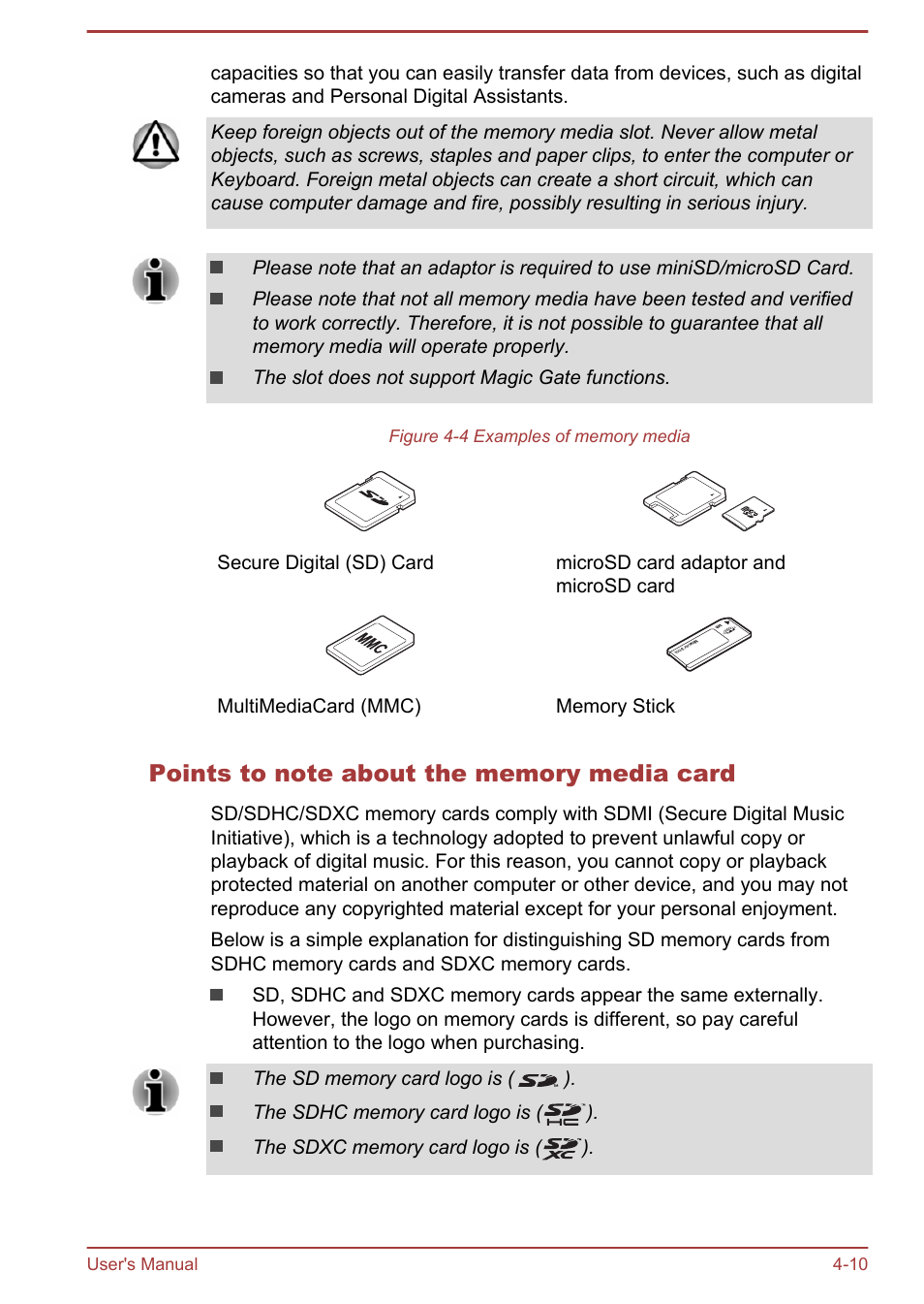 Points to note about the memory media card | Toshiba Satellite U840T User Manual | Page 51 / 108