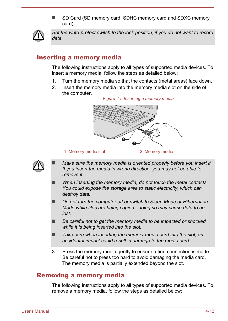 Inserting a memory media, Removing a memory media | Toshiba Satellite U840T User Manual | Page 53 / 108