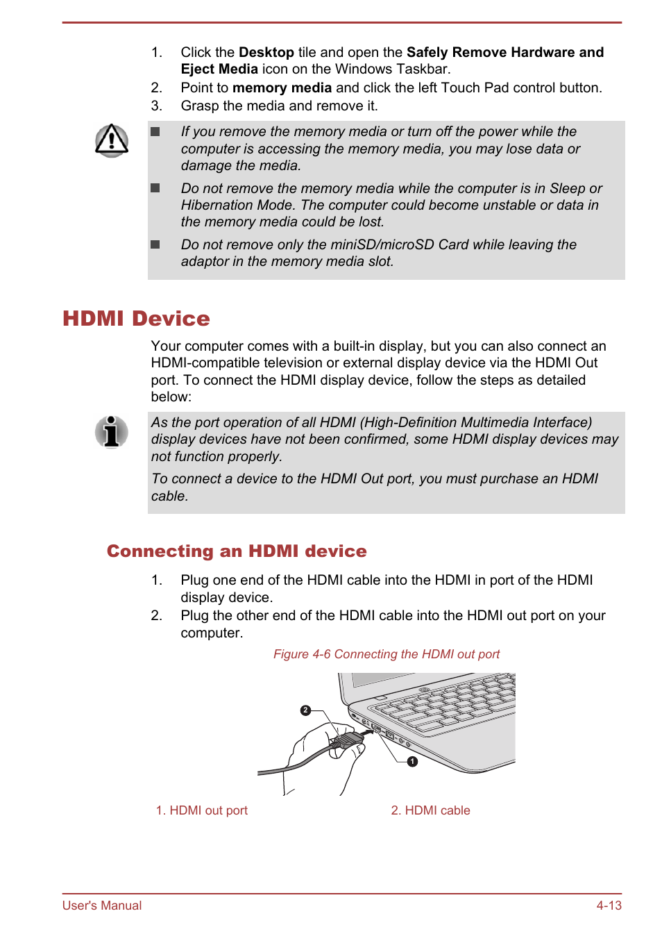 Hdmi device, Connecting an hdmi device, Hdmi device -13 | Toshiba Satellite U840T User Manual | Page 54 / 108