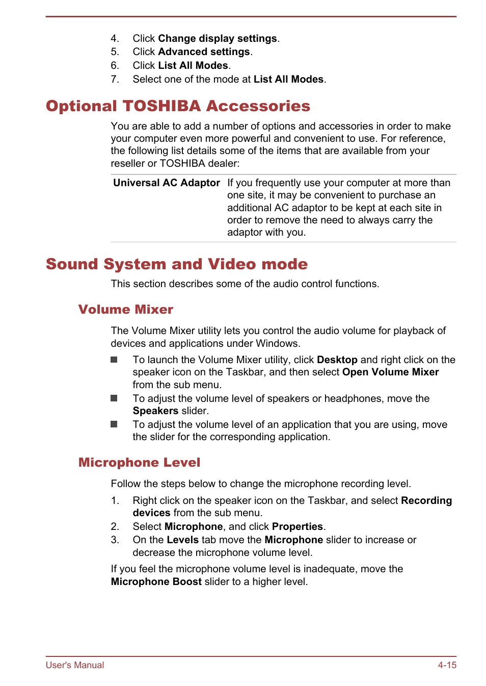 Optional toshiba accessories, Sound system and video mode, Volume mixer | Microphone level, To the | Toshiba Satellite U840T User Manual | Page 56 / 108