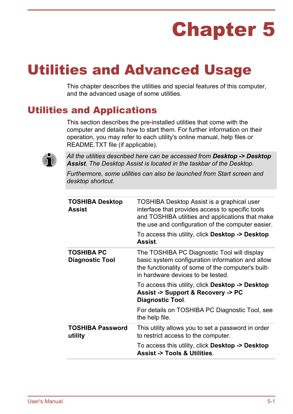 Chapter 5 utilities and advanced usage, Utilities and applications, Chapter 5 | Utilities and advanced usage, Utilities and applications -1 | Toshiba Satellite U840T User Manual | Page 58 / 108