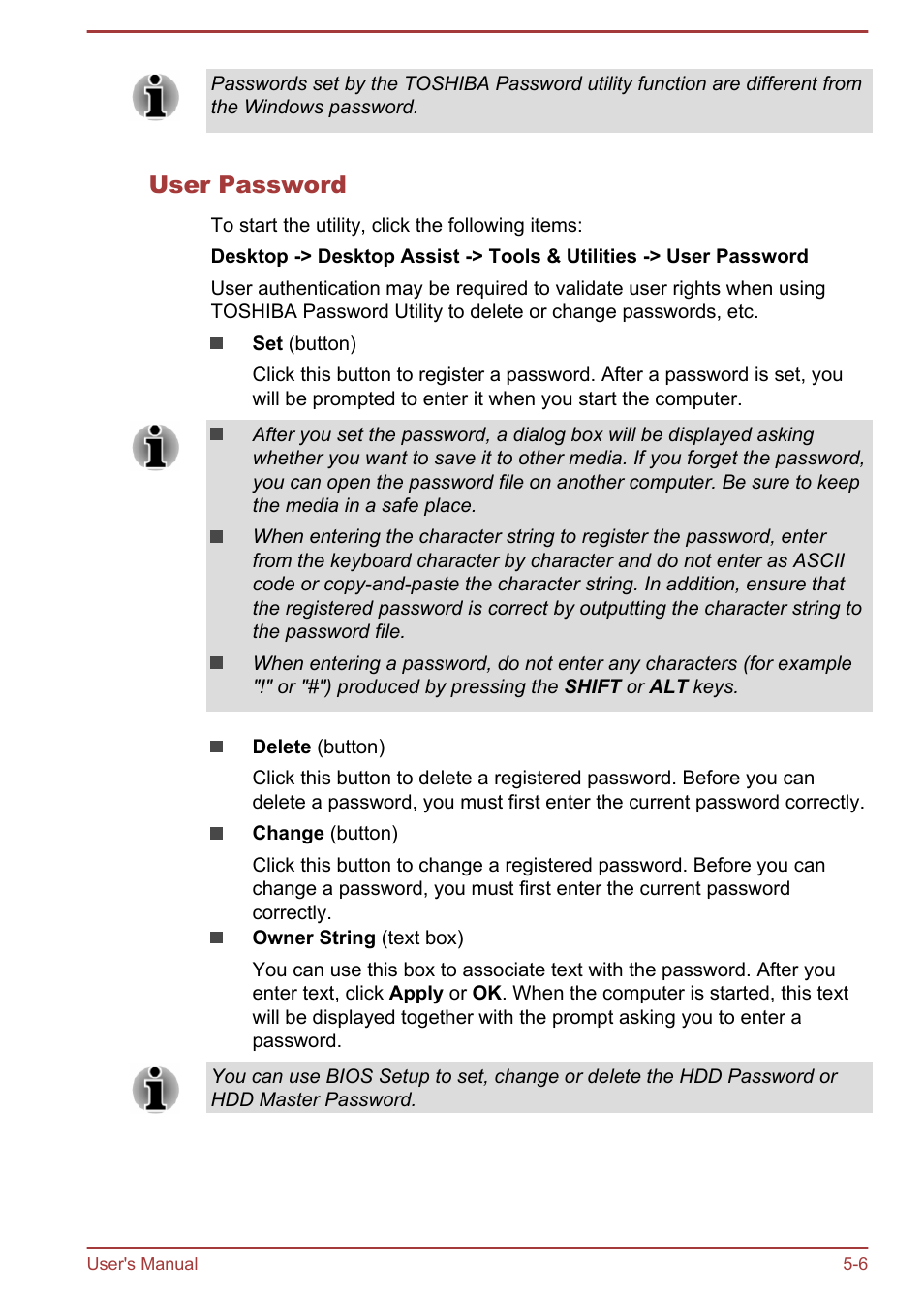 User password | Toshiba Satellite U840T User Manual | Page 63 / 108