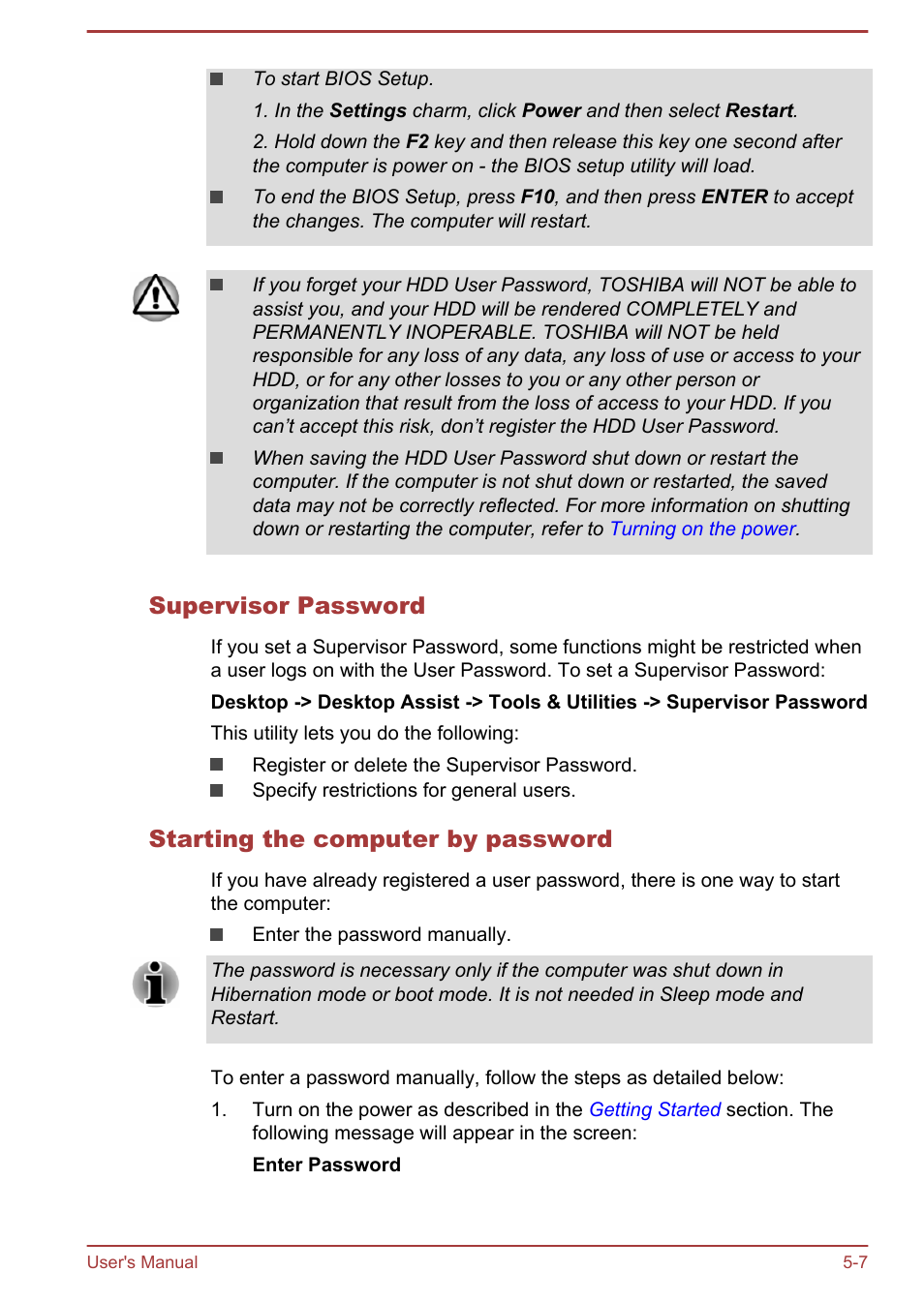 Supervisor password, Starting the computer by password | Toshiba Satellite U840T User Manual | Page 64 / 108