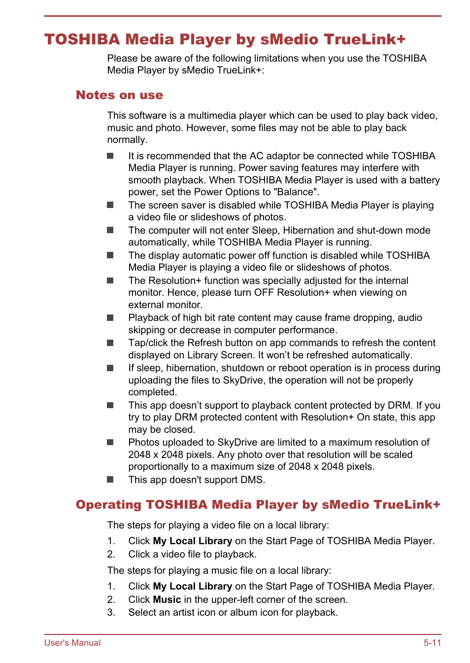Toshiba media player by smedio truelink, Notes on use, Operating toshiba media player by smedio truelink | Toshiba media player by smedio truelink+ -11 | Toshiba Satellite U840T User Manual | Page 68 / 108