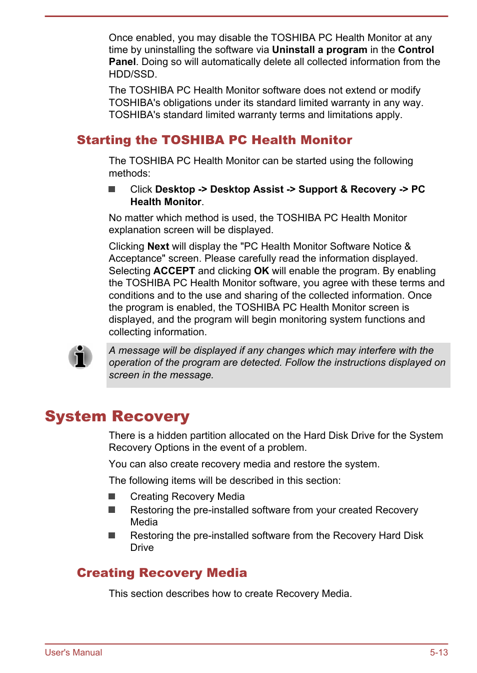 Starting the toshiba pc health monitor, System recovery, Creating recovery media | System recovery -13 | Toshiba Satellite U840T User Manual | Page 70 / 108