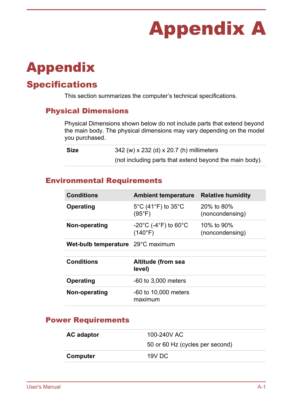 Appendix a appendix, Specifications, Physical dimensions | Environmental requirements, Power requirements, Appendix a, Appendix | Toshiba Satellite U840T User Manual | Page 89 / 108