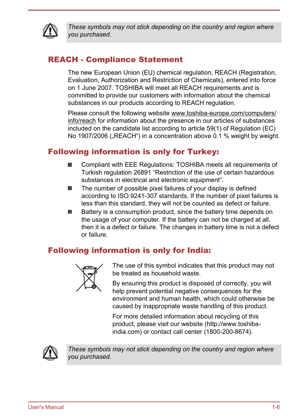 Reach - compliance statement, Following information is only for turkey, Following information is only for india | Toshiba Satellite U840T User Manual | Page 9 / 108