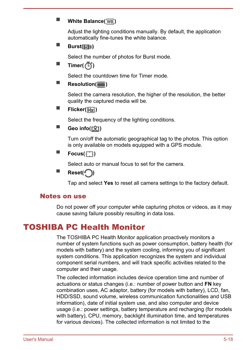 Notes on use, Toshiba pc health monitor, Toshiba pc health monitor -18 | Toshiba Portege Z10T-A User Manual | Page 102 / 139