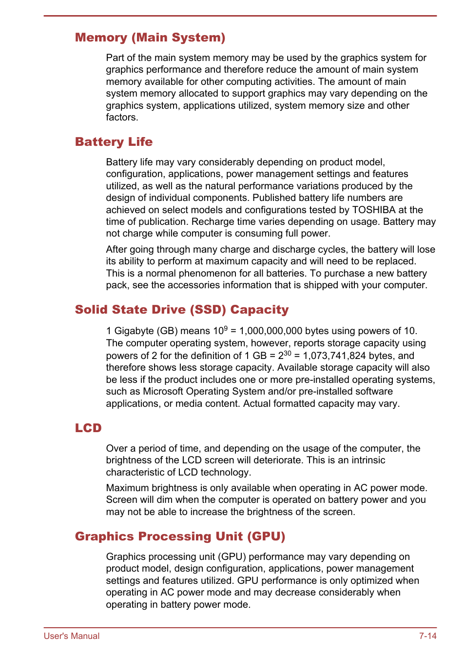 Memory (main system), Battery life, Solid state drive (ssd) capacity | Graphics processing unit (gpu) | Toshiba Portege Z10T-A User Manual | Page 135 / 139