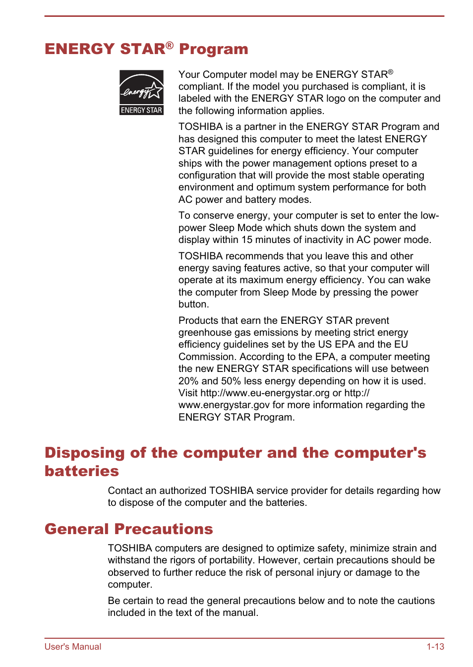 Energy star® program, General precautions, Energy star | Program | Toshiba Portege Z10T-A User Manual | Page 16 / 139