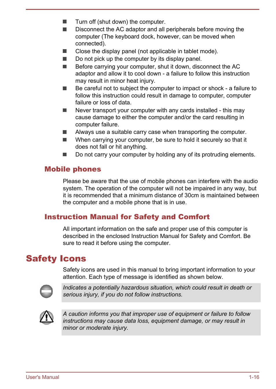Mobile phones, Instruction manual for safety and comfort, Safety icons | Safety icons -16 | Toshiba Portege Z10T-A User Manual | Page 19 / 139
