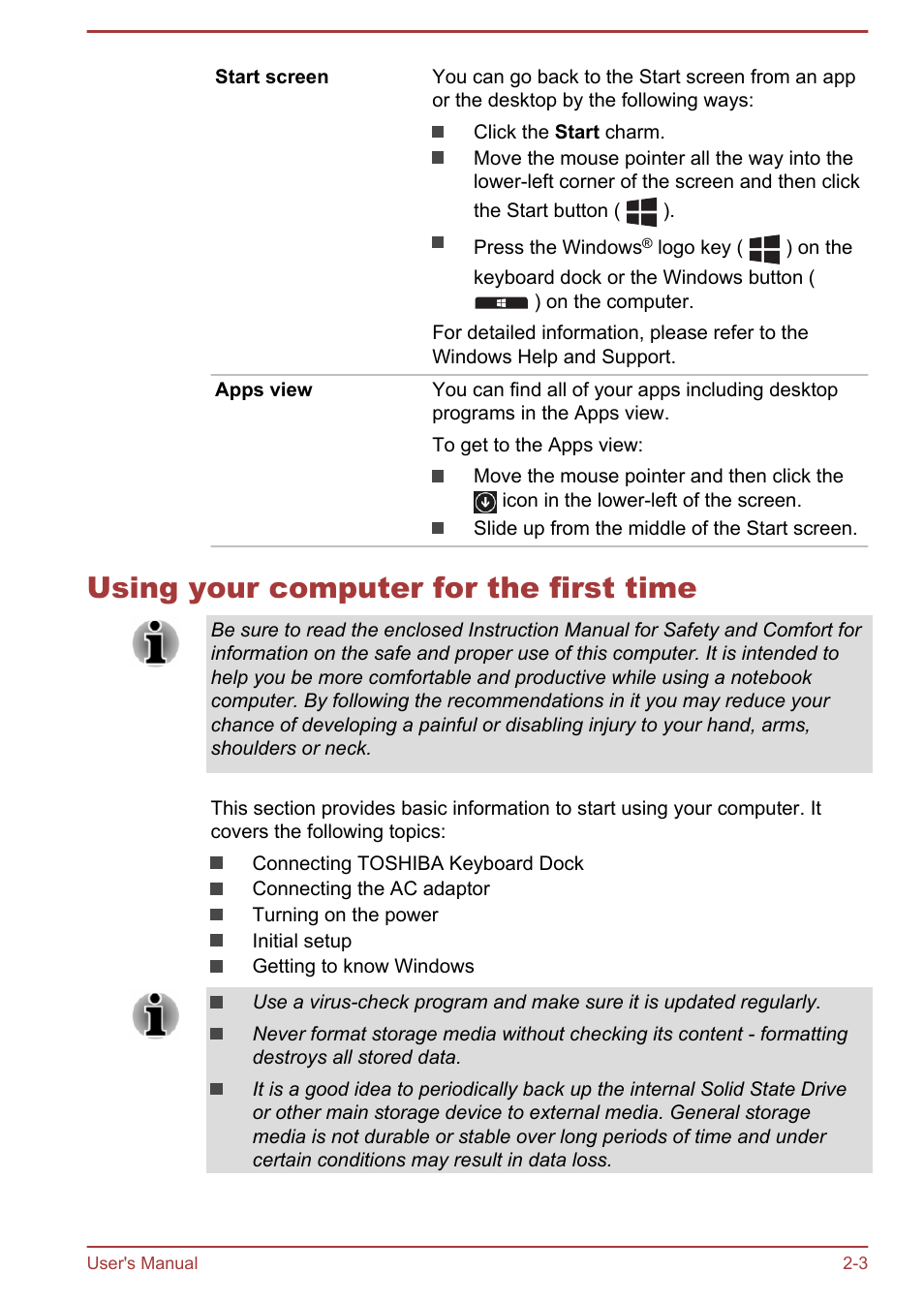 Using your computer for the first time, Using your computer for the first time -3 | Toshiba Portege Z10T-A User Manual | Page 23 / 139