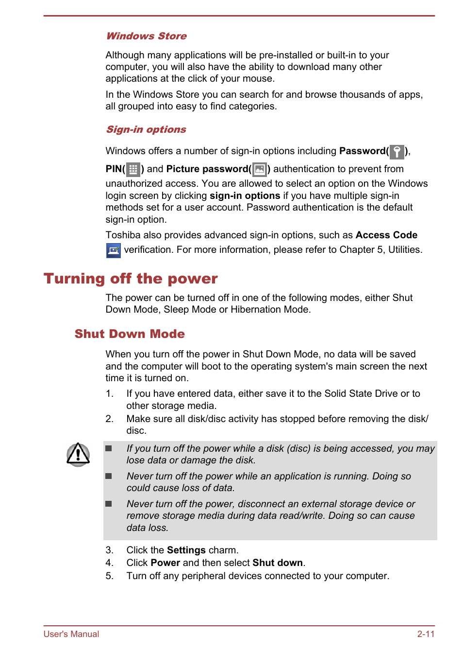 Turning off the power, Shut down mode, Turning off the power -11 | Toshiba Portege Z10T-A User Manual | Page 31 / 139