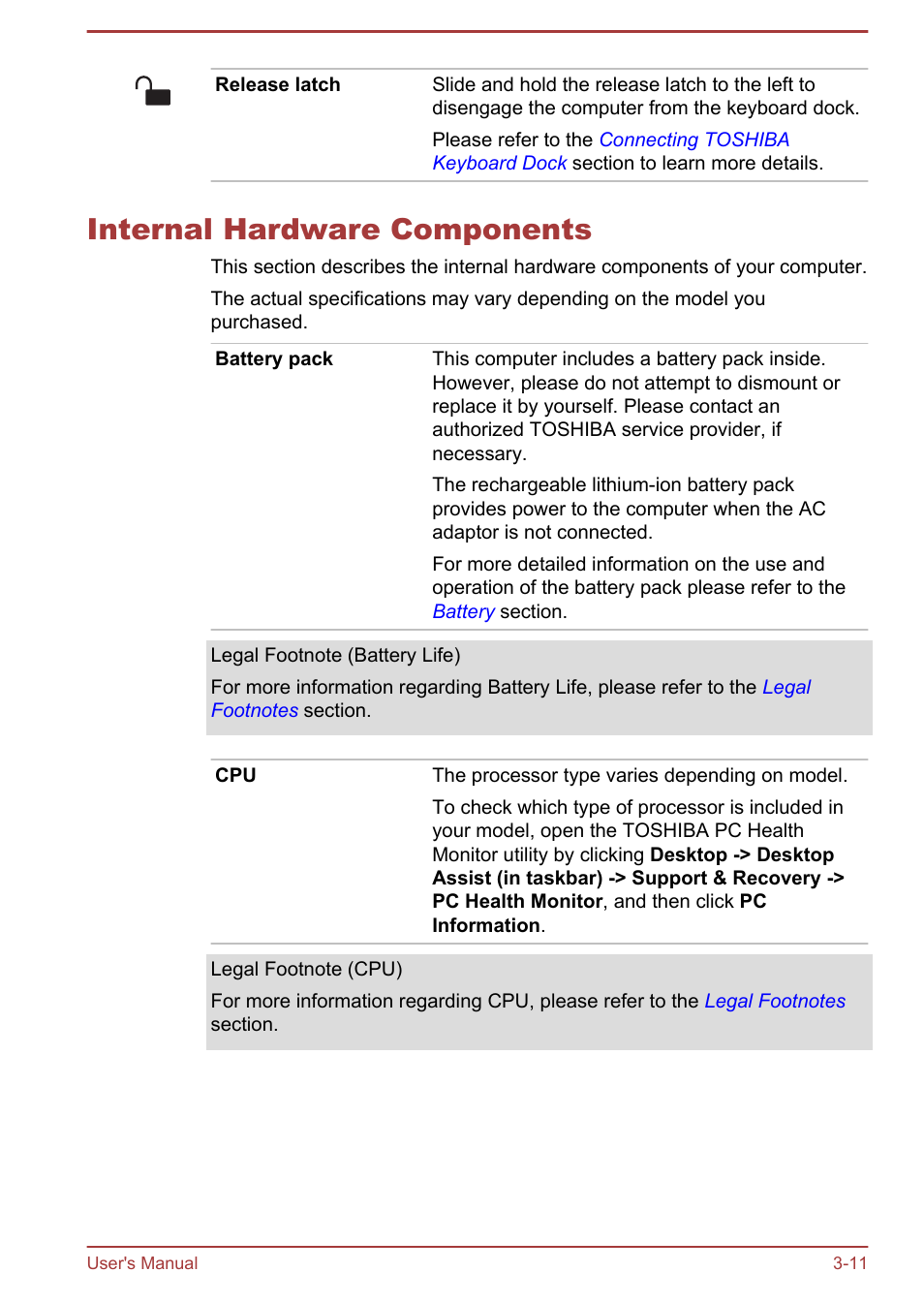 Internal hardware components, Internal hardware components -11 | Toshiba Portege Z10T-A User Manual | Page 46 / 139