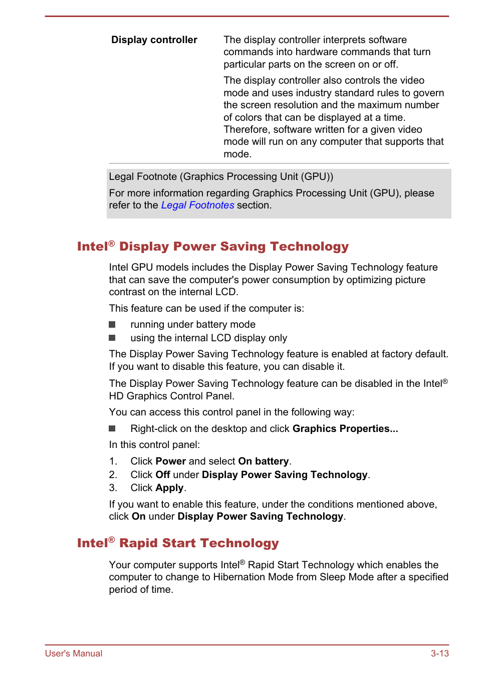 Intel® display power saving technology, Intel® rapid start technology, Intel | Display power saving technology, Rapid start technology | Toshiba Portege Z10T-A User Manual | Page 48 / 139