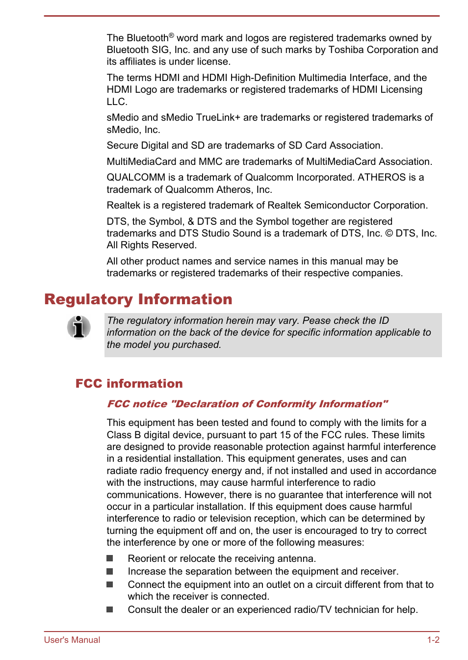 Regulatory information, Fcc information, Regulatory information -2 | Toshiba Portege Z10T-A User Manual | Page 5 / 139