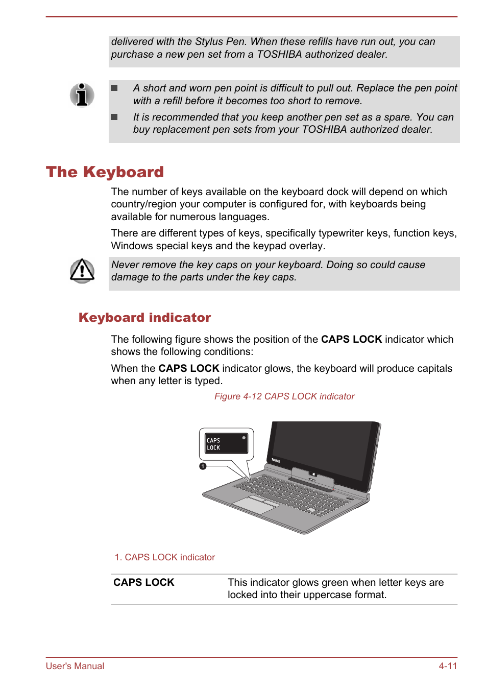 The keyboard, Keyboard indicator, The keyboard -11 | Toshiba Portege Z10T-A User Manual | Page 63 / 139