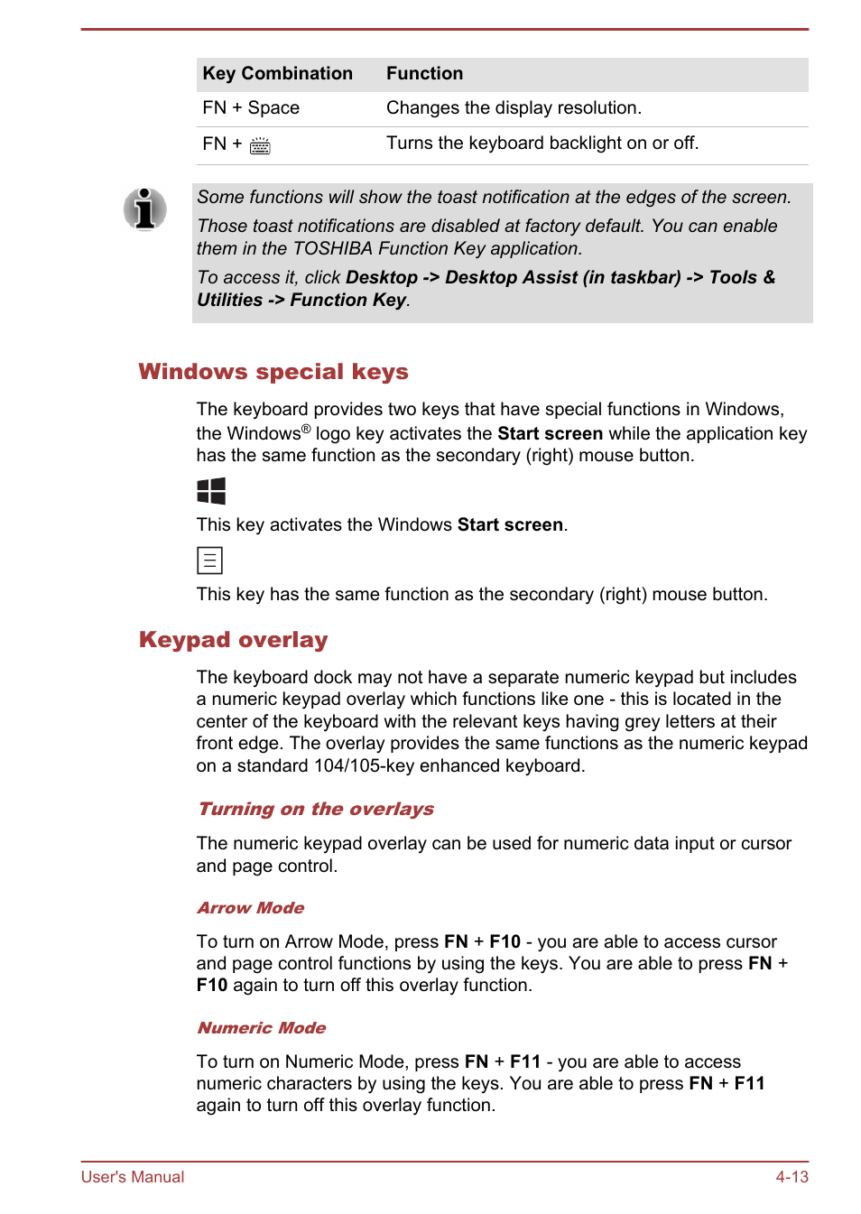 Windows special keys, Keypad overlay | Toshiba Portege Z10T-A User Manual | Page 65 / 139