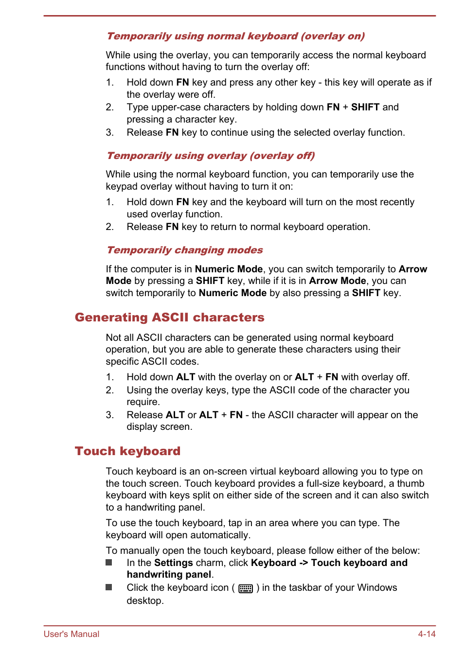 Generating ascii characters, Touch keyboard | Toshiba Portege Z10T-A User Manual | Page 66 / 139
