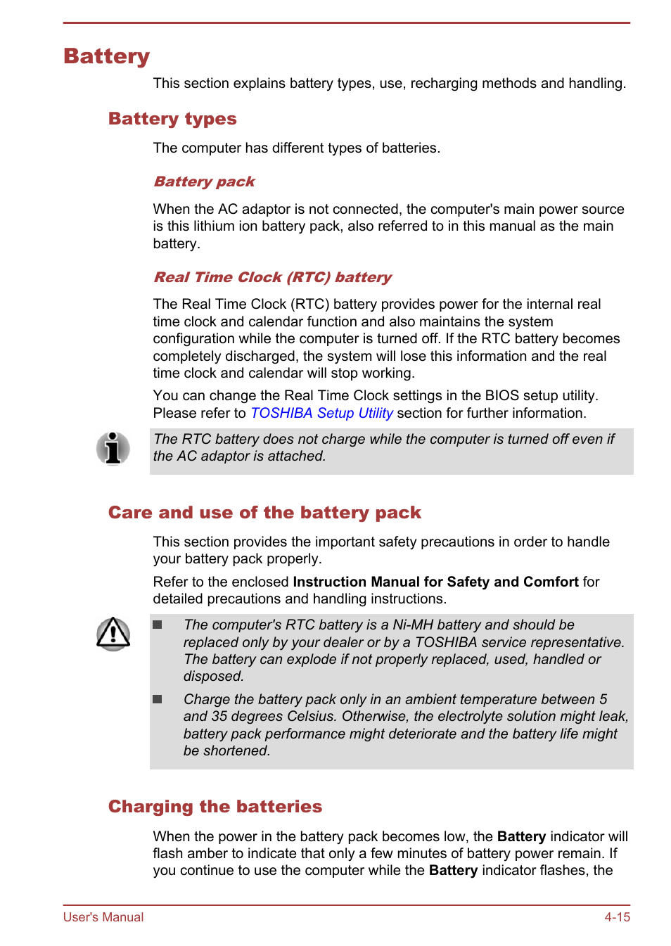 Battery, Battery types, Care and use of the battery pack | Charging the batteries, Battery -15 | Toshiba Portege Z10T-A User Manual | Page 67 / 139