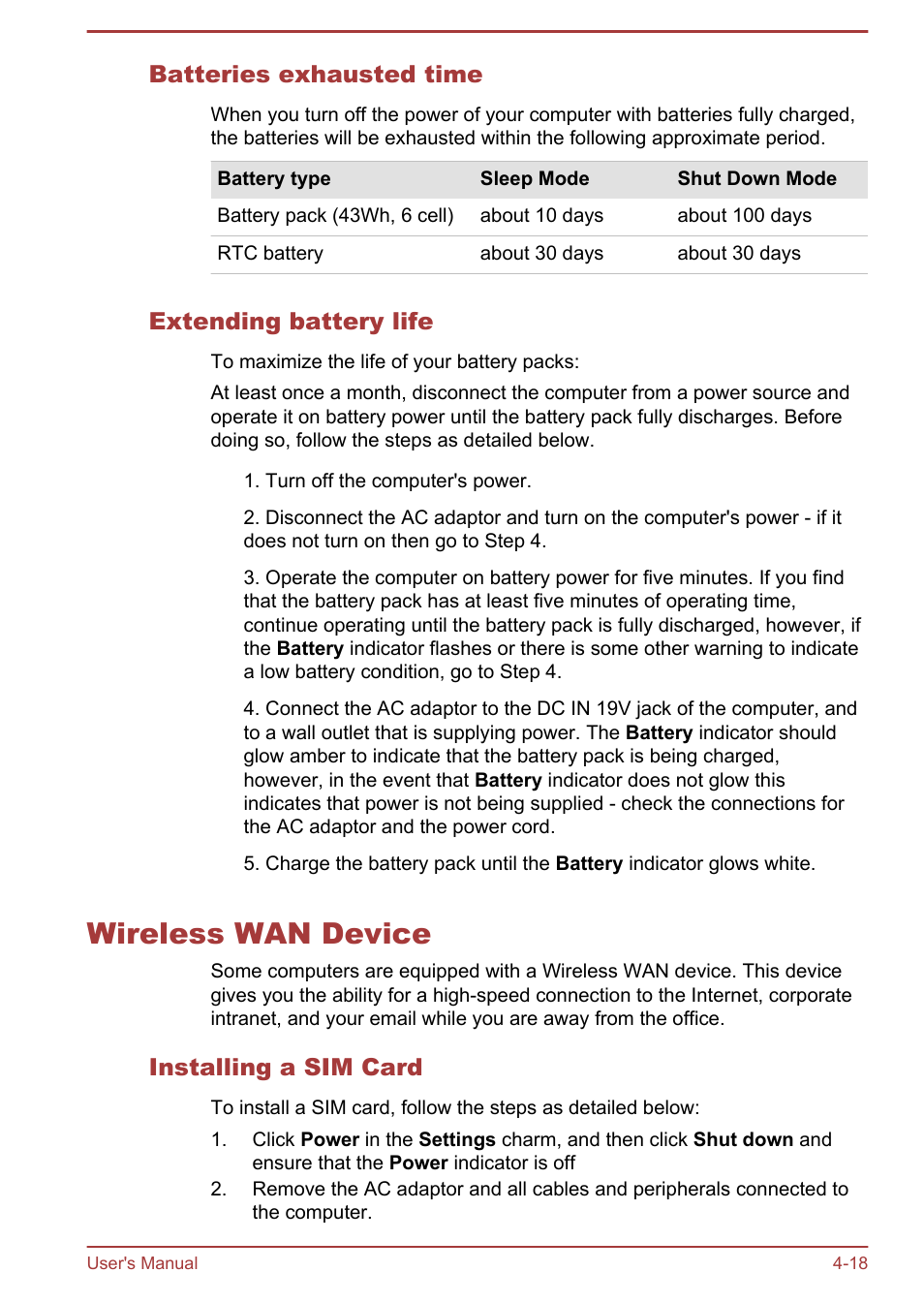 Batteries exhausted time, Extending battery life, Wireless wan device | Installing a sim card, Wireless wan device -18 | Toshiba Portege Z10T-A User Manual | Page 70 / 139