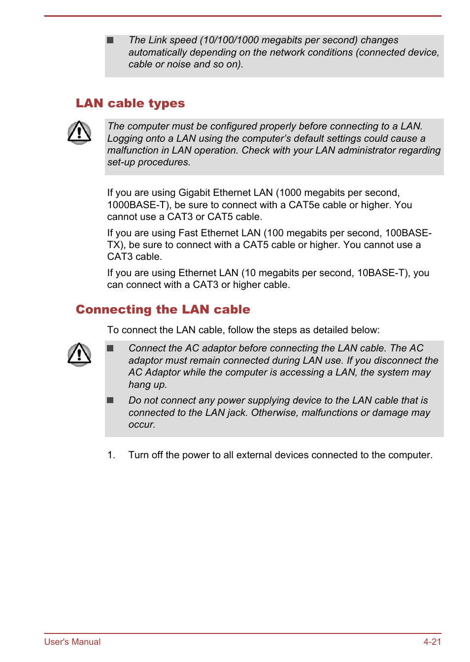 Lan cable types, Connecting the lan cable | Toshiba Portege Z10T-A User Manual | Page 73 / 139