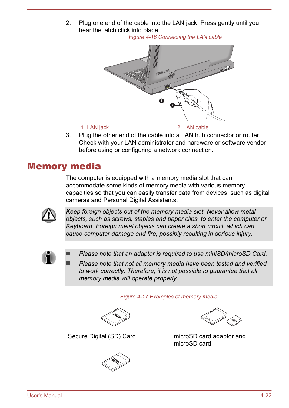 Memory media, Memory media -22 | Toshiba Portege Z10T-A User Manual | Page 74 / 139