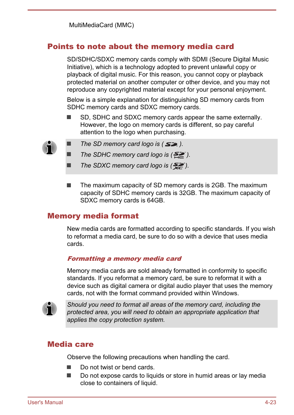Points to note about the memory media card, Memory media format, Media care | Toshiba Portege Z10T-A User Manual | Page 75 / 139