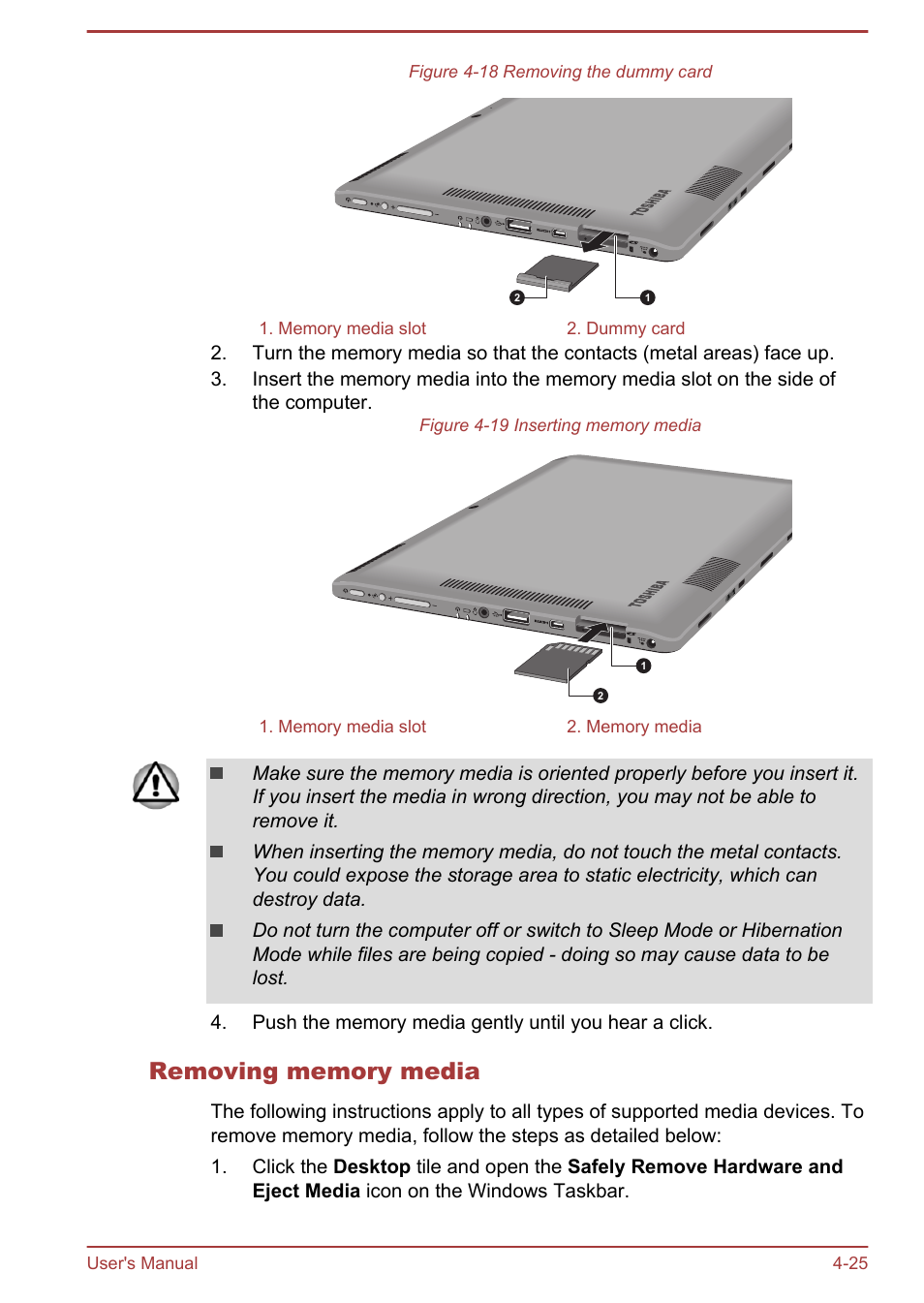 Removing memory media | Toshiba Portege Z10T-A User Manual | Page 77 / 139