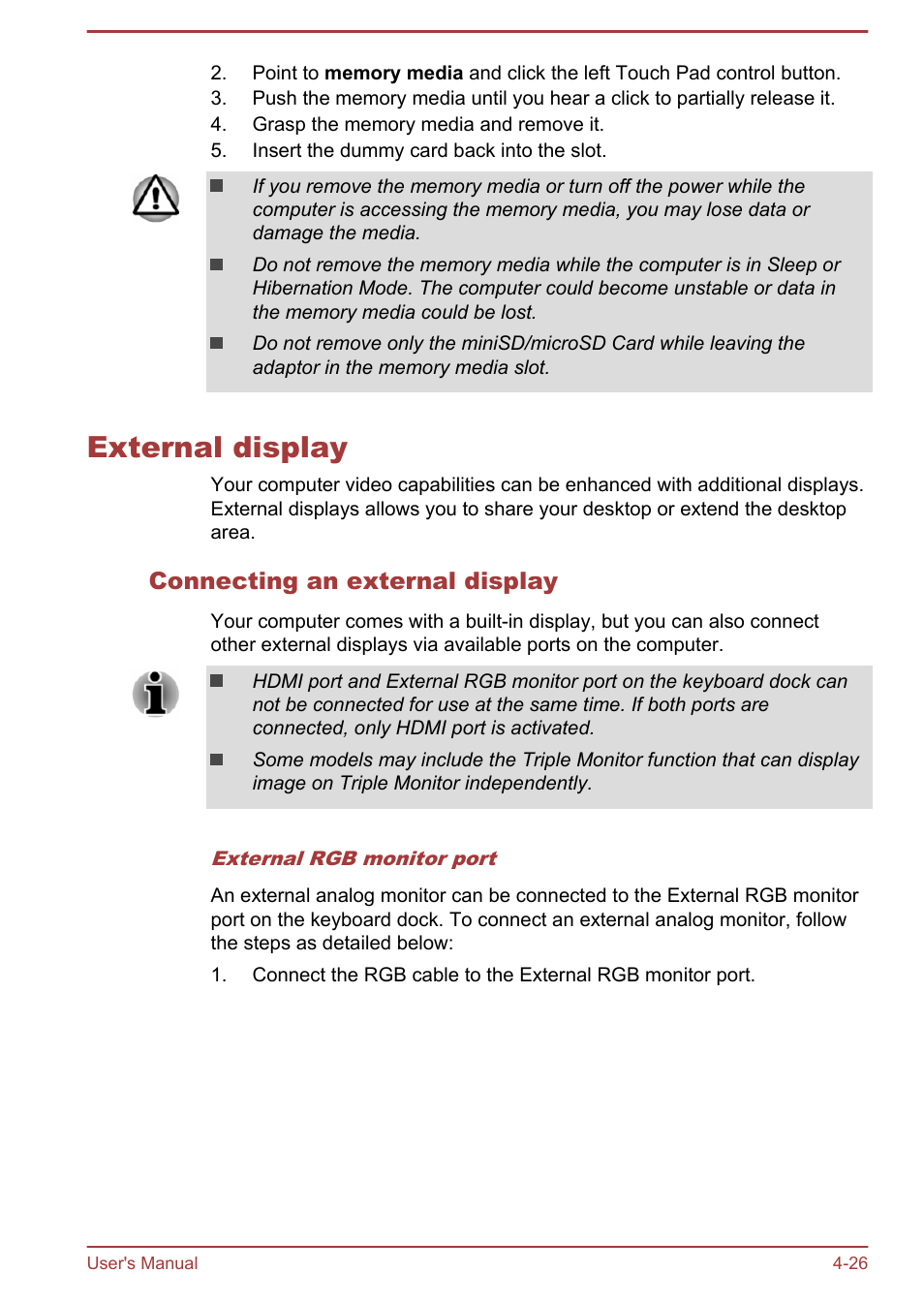 External display, Connecting an external display, External display -26 | Toshiba Portege Z10T-A User Manual | Page 78 / 139