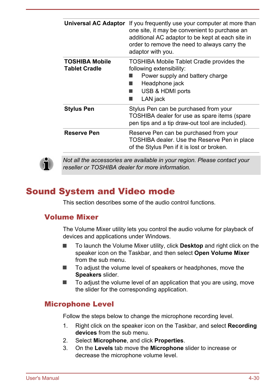 Sound system and video mode, Volume mixer, Microphone level | Sound system and video mode -30 | Toshiba Portege Z10T-A User Manual | Page 82 / 139