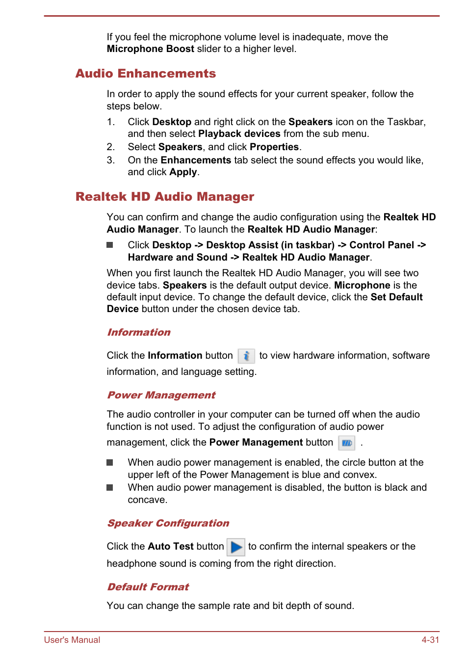 Audio enhancements, Realtek hd audio manager | Toshiba Portege Z10T-A User Manual | Page 83 / 139