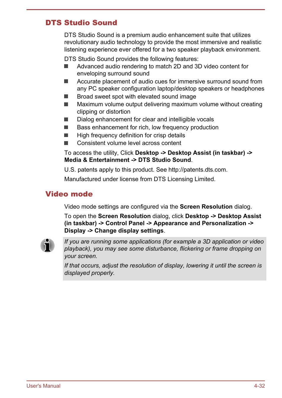 Dts studio sound, Video mode | Toshiba Portege Z10T-A User Manual | Page 84 / 139