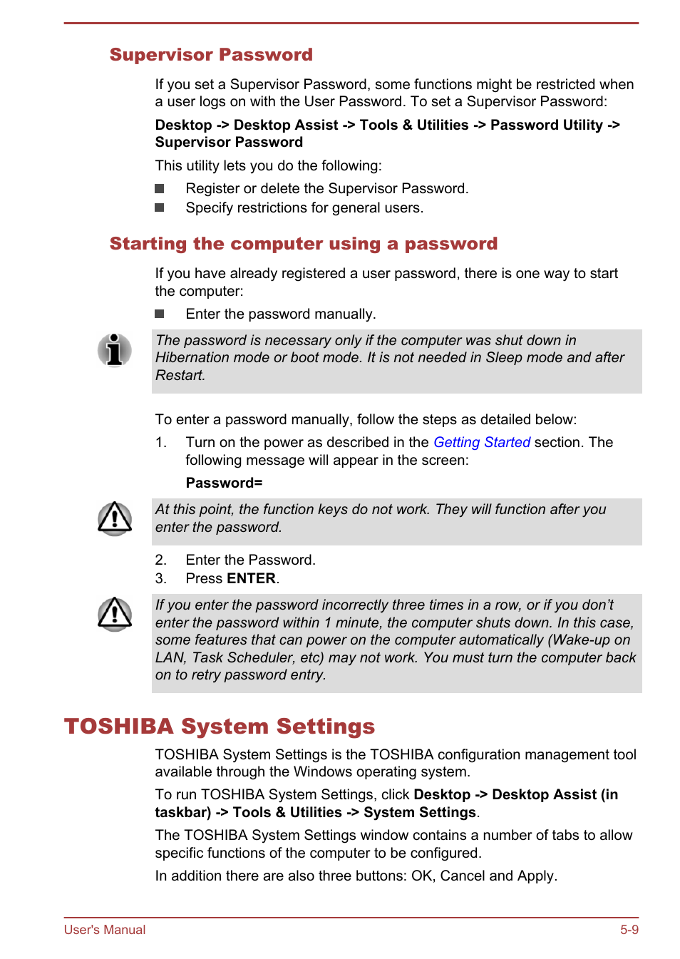 Supervisor password, Starting the computer using a password, Toshiba system settings | Toshiba system settings -9 | Toshiba Portege Z10T-A User Manual | Page 93 / 139
