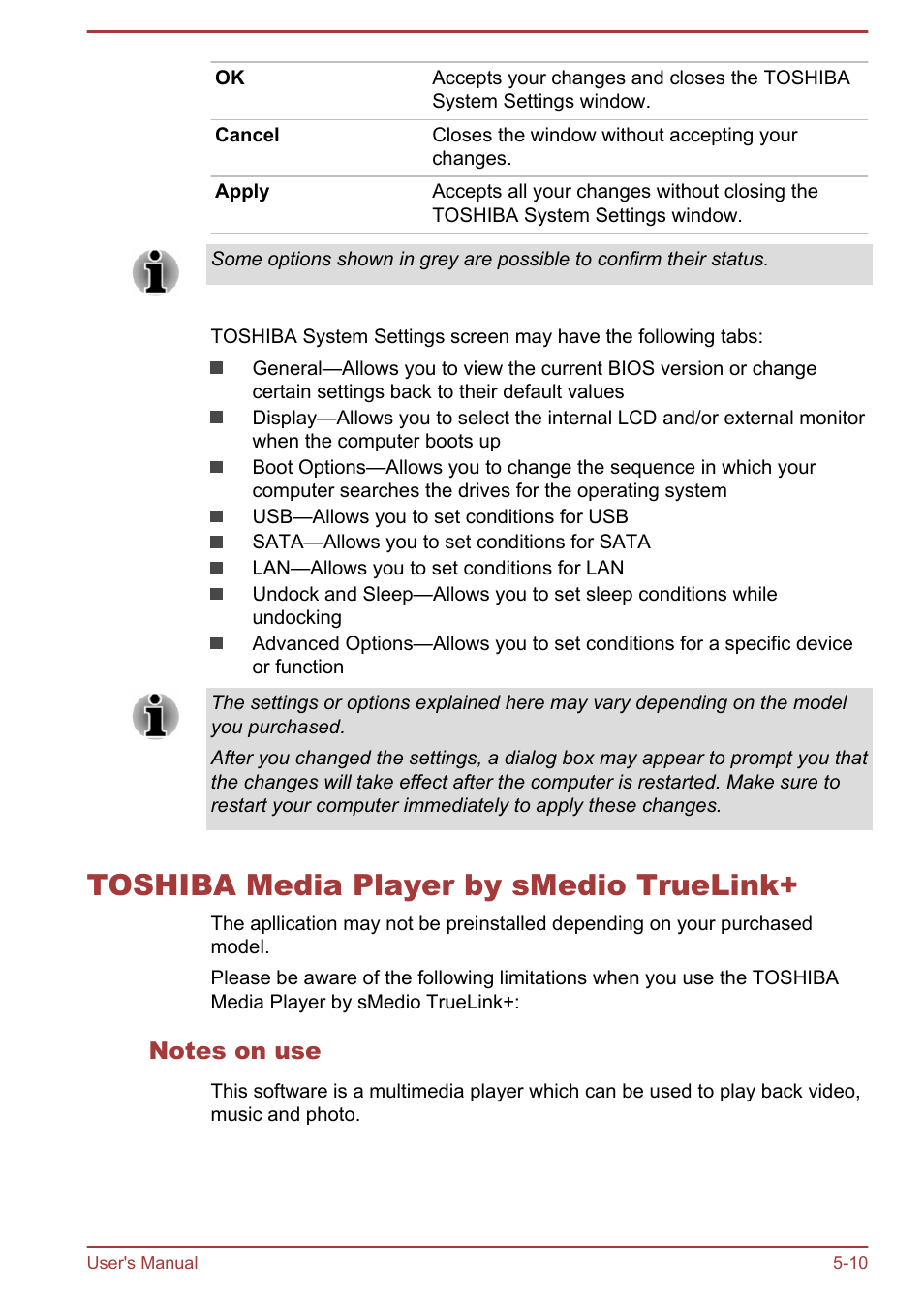 Toshiba media player by smedio truelink, Notes on use, Toshiba media player by smedio truelink+ -10 | Toshiba Portege Z10T-A User Manual | Page 94 / 139
