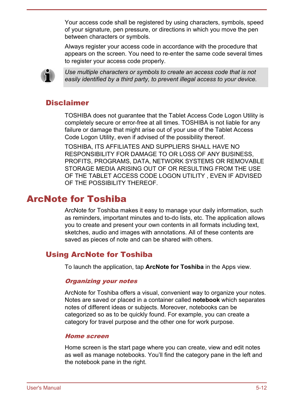 Disclaimer, Arcnote for toshiba, Using arcnote for toshiba | Arcnote for toshiba -12, For more information, please refer to the, Arcnote, For toshiba | Toshiba Portege Z10T-A User Manual | Page 96 / 139