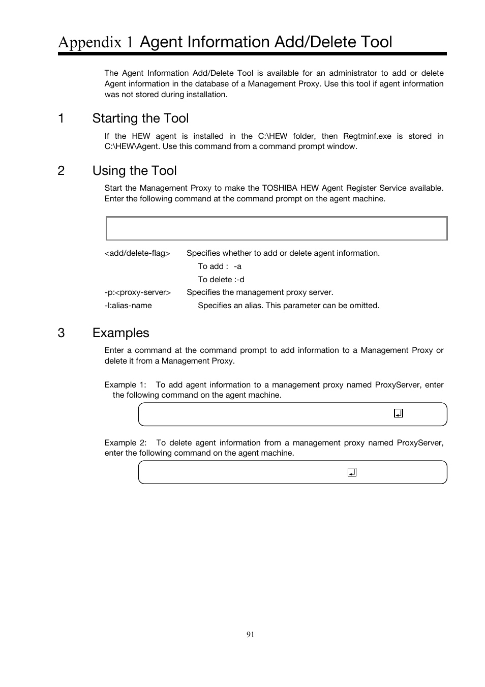 Appendix 1, Agent information add/delete tool, Starting the tool | Using the tool, Examples, Appendix 1 agent information add/delete tool, 1starting the tool, 2using the tool, 3 examples | Toshiba Magnia 3200 User Manual | Page 101 / 145