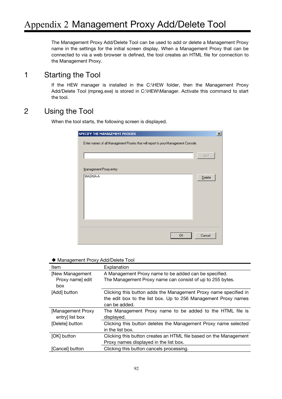 Appendix 2, Management proxy add/delete tool, Starting the tool | Using the tool, Appendix 2 management proxy add/delete tool, 1starting the tool, 2using the tool | Toshiba Magnia 3200 User Manual | Page 102 / 145