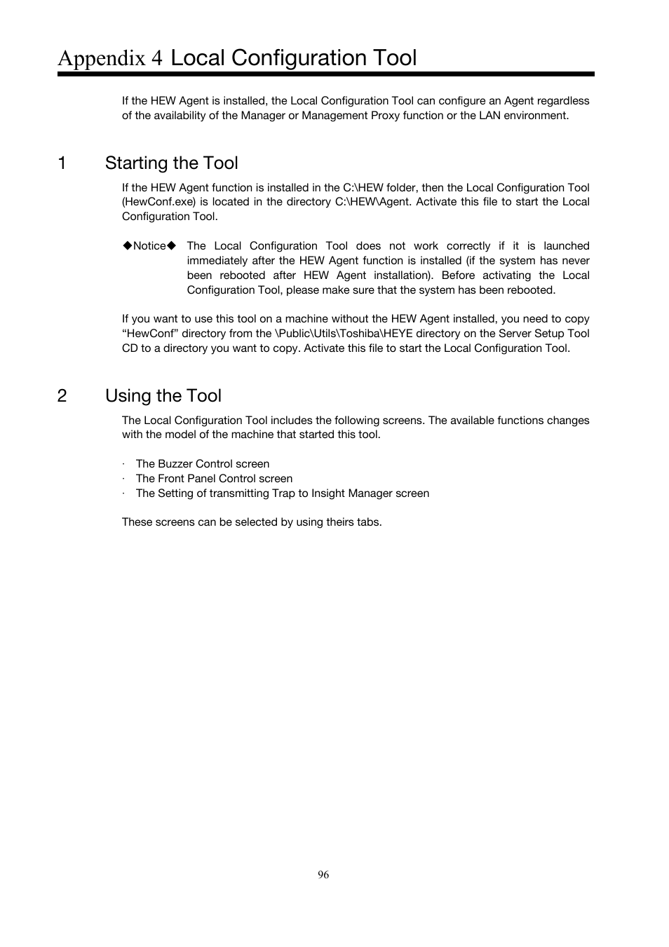 Appendix 4, Local configuration tool, Starting the tool | Using the tool, Appendix 4 local configuration tool), Appendix 4 local configuration tool, 1starting the tool, 2using the tool | Toshiba Magnia 3200 User Manual | Page 106 / 145