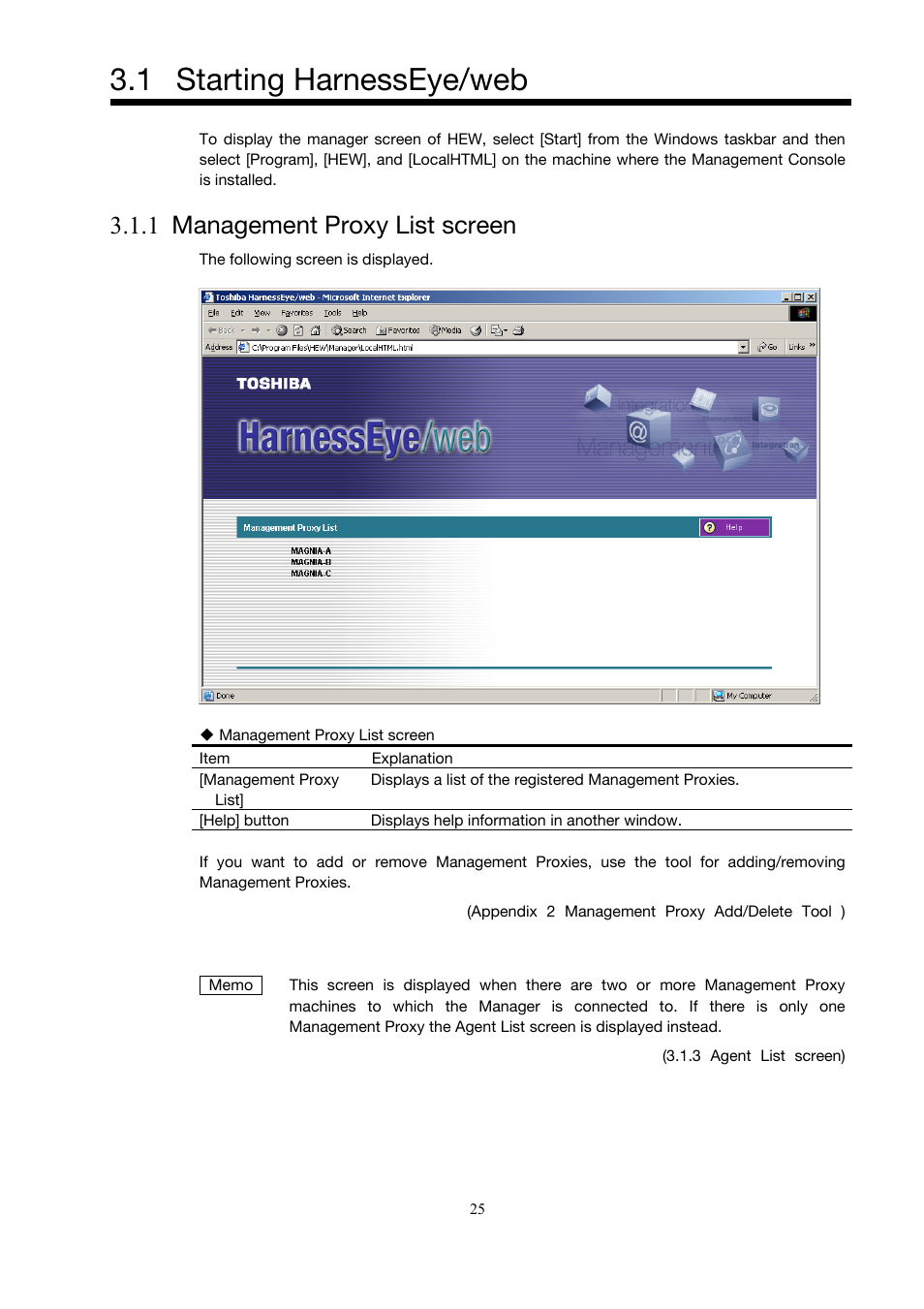 Starting harnesseye/web, Management proxy list screen, 1 starting harnesseye/web | 1 management proxy list screen | Toshiba Magnia 3200 User Manual | Page 35 / 145