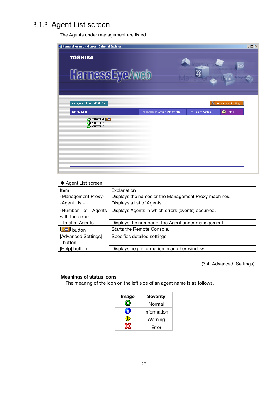 Agent list screen, 3 agent list screen | Toshiba Magnia 3200 User Manual | Page 37 / 145