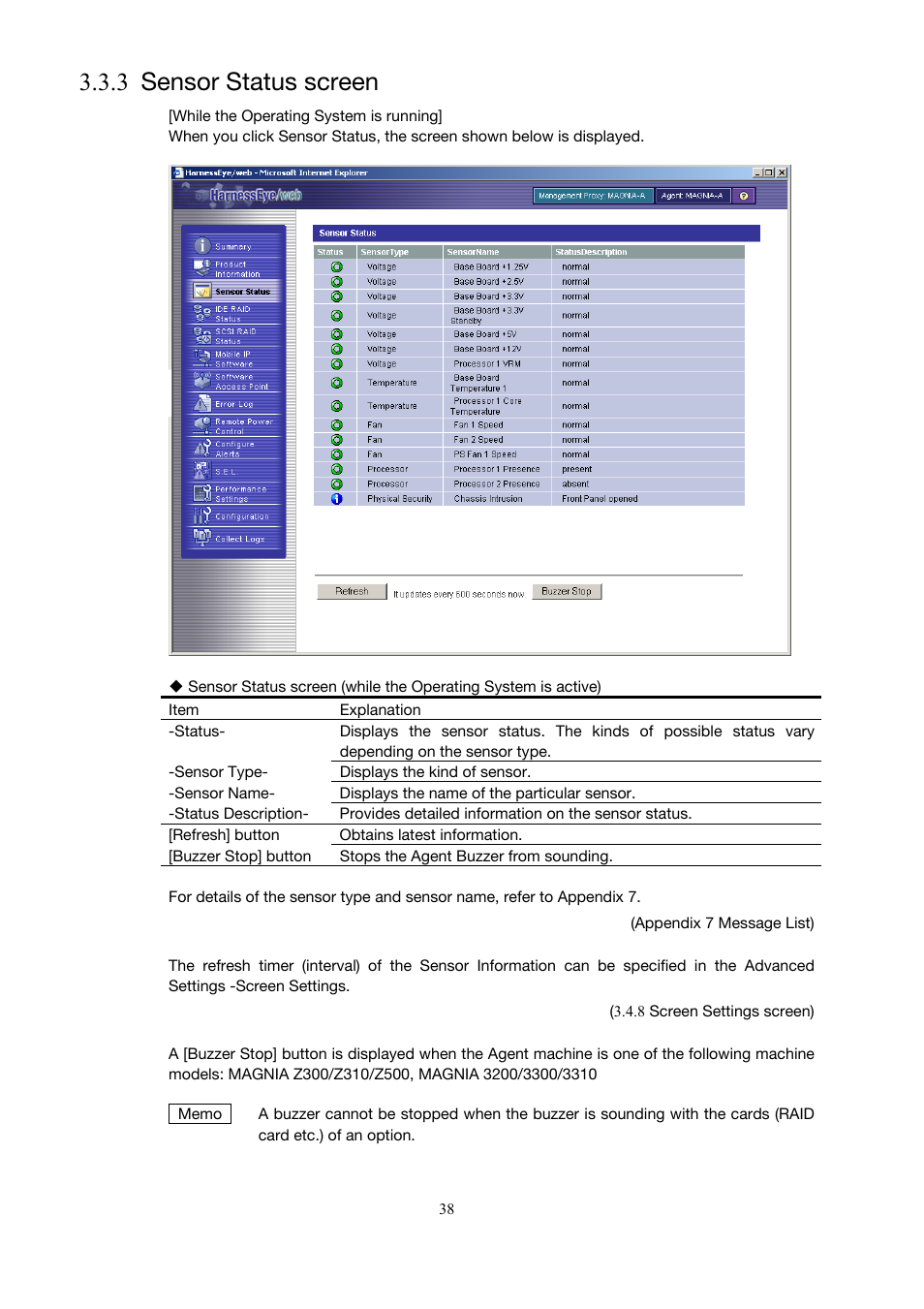 Sensor status screen, 3 sensor status screen), 3 sensor status screen | Toshiba Magnia 3200 User Manual | Page 48 / 145