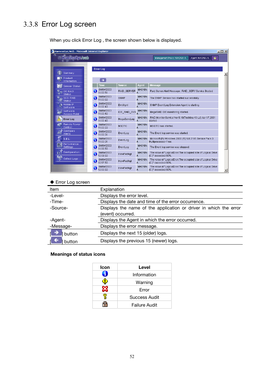 Error log screen, 8 error log screen), 8 error log screen | Toshiba Magnia 3200 User Manual | Page 62 / 145