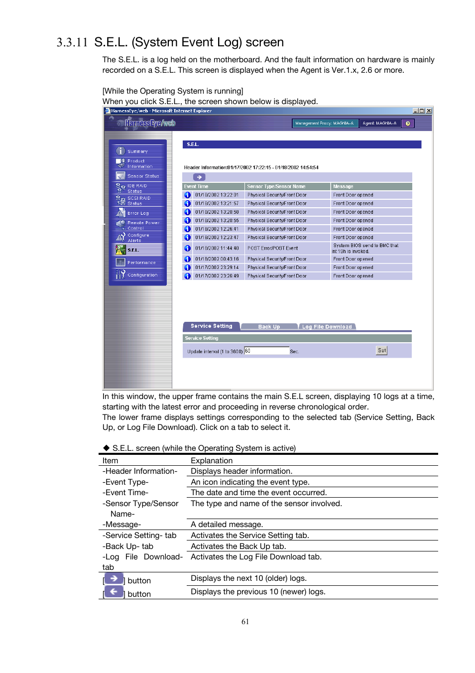 S.e.l. (system event log) screen, 11 s.e.l. (system event log) screen), 11 s.e.l. (system event log) screen | Toshiba Magnia 3200 User Manual | Page 71 / 145