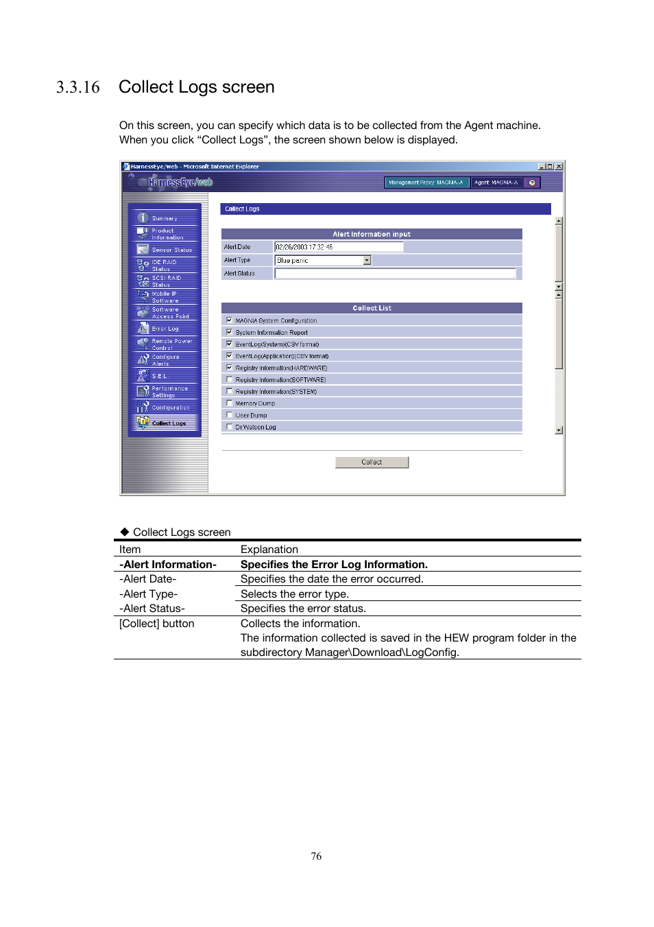 Collect logs screen, 16 collect logs screen), 16 collect logs screen | Toshiba Magnia 3200 User Manual | Page 86 / 145