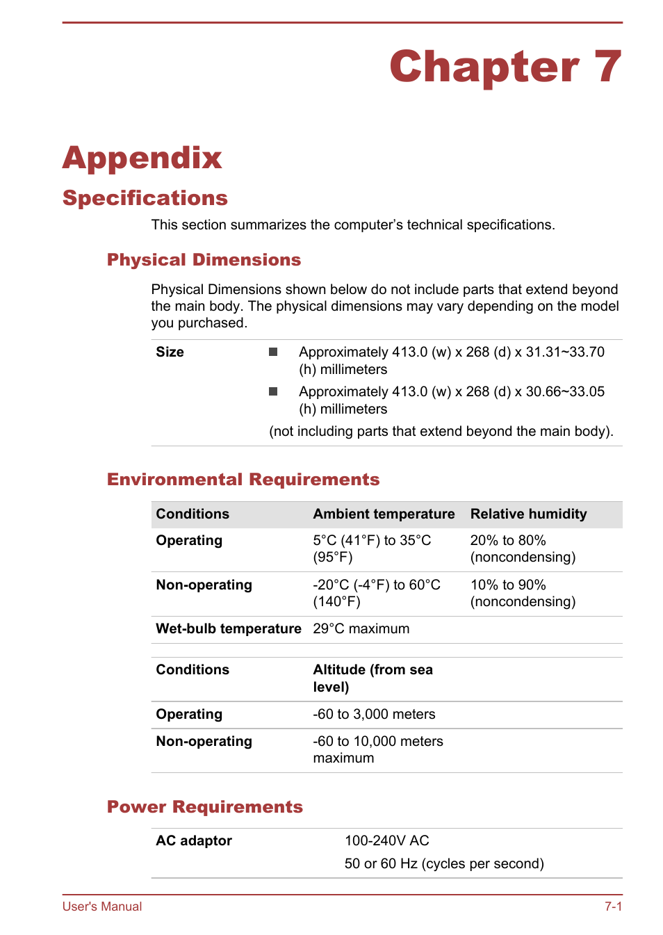 Chapter 7 appendix, Specifications, Physical dimensions | Environmental requirements, Power requirements, Chapter 7, Appendix, Specifications -1 | Toshiba Satellite Pro L70-A User Manual | Page 122 / 140