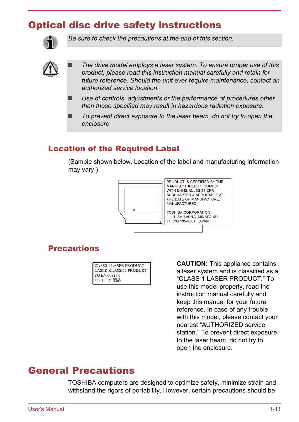 Optical disc drive safety instructions, Location of the required label, Precautions | General precautions | Toshiba Satellite Pro L70-A User Manual | Page 14 / 140