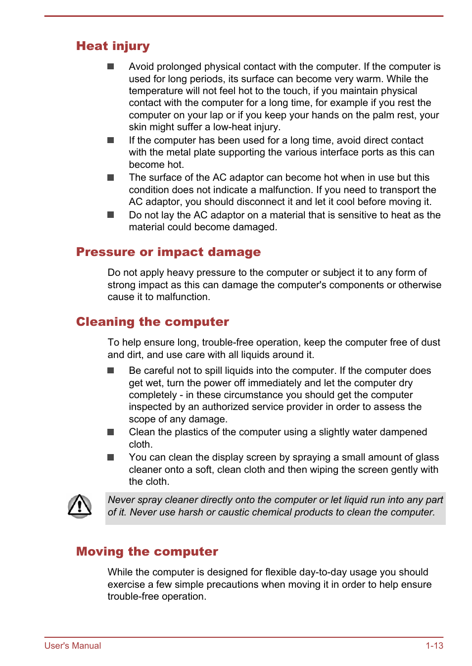 Heat injury, Pressure or impact damage, Cleaning the computer | Moving the computer | Toshiba Satellite Pro L70-A User Manual | Page 16 / 140